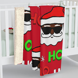 "Black Santa Ho Ho Ho" Graphic Print Sherpa Fleece Blanket (Red)